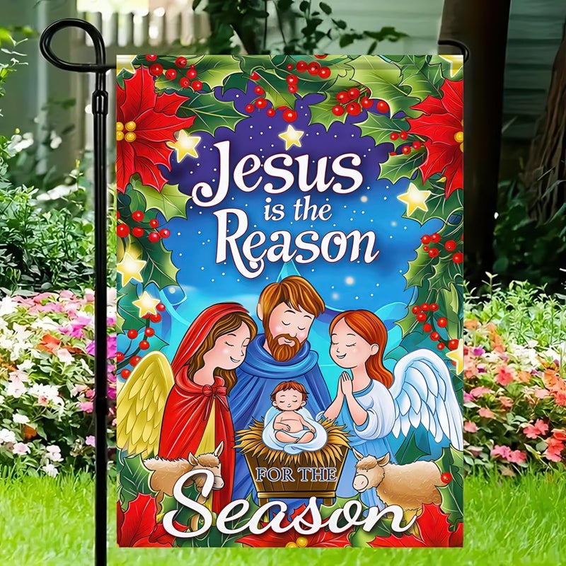 BlissYard Winter Christmas Garden Flag Jesus Nativity Double Sided Garden Flag Nativity Scene and 'Jesus is the Reason for the Season' Outdoor Home Room Decor Event Party Supplies 12x18 Inch - Image 3